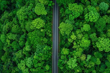 Fototapeta premium Aerial view of green forest and black asphalt road, top view road through forest, road trip, drone aerial view.