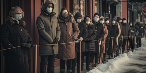 A gathering of individuals stands in a queue outside a shop, all donning masks.