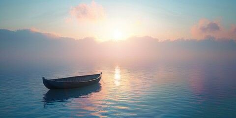 A large body of water with a bright sun in the middle of the sky above the water and a boat in the middle of the water. - Powered by Adobe