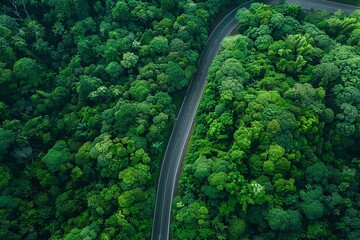 Aerial view of green forest and black asphalt road, top view road through forest, road trip, drone aerial view.