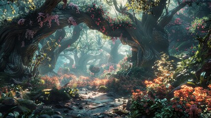 The image is a digital painting of a lush forest