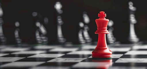 red chess piece stands on the board in front of black and white figures against a dark background