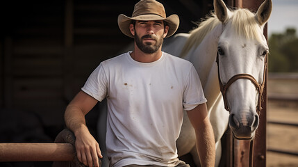 Fototapeta premium Rugged Cowboy in Classic White Shirt on Ranch