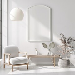 A sleek, minimalist living room with a large, empty mockup frame on a pristine white wall