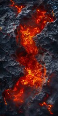 A large lava field with red and orange flames.