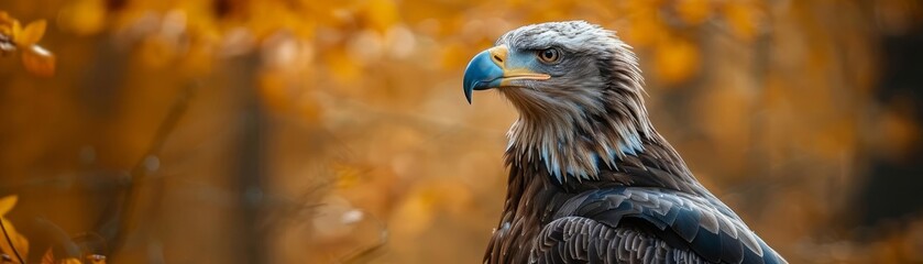 Fototapeta premium Majestic eagle with sharp gaze captured in autumn forest setting, surrounded by vibrant orange foliage and serene natural beauty.