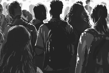 A monochrome illustration depicting a diverse group of individuals from behind, in a crowded setting