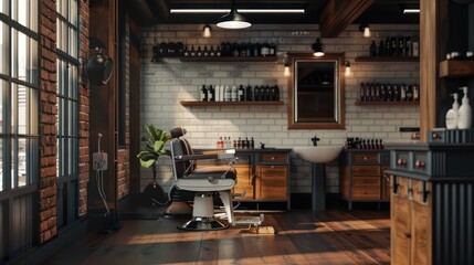 An inviting, well-lit barbershop featuring a vintage-style barber chair, wooden cabinets, and a loft-industrial vibe