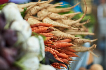 Vegetables, food and fresh produce in supermarket, organic farming and carrot or parsnip choice....