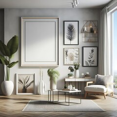 A office room with a mockup poster empty white and with a large window and a couch and a picture frame realistic card design harmony realistic.