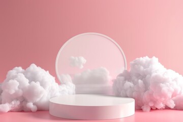 podium with cloud background product display presentation mockup design, pastel color theme