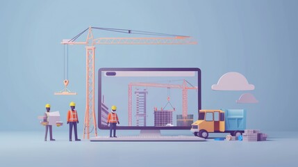 A 3D rendered image showing cartoon construction workers with a crane and laptop screen showing a building site
