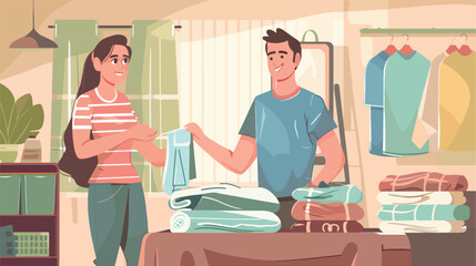Family couple sorting folding and organizing clothes.