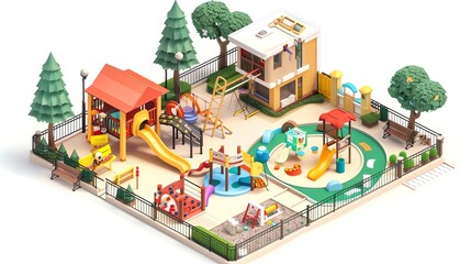 children play ground isometric interior home design. an illustration in 3d