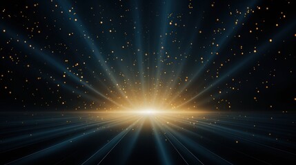 Spotlight with shiny light and particles. Glow backdrop design of spotlight and stage. Gold color rays.