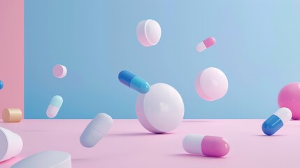 A 3D illustration featuring assorted capsules and tablets floating in a space with a pastel blue and pink background, evoking a surreal and clean atmosphere