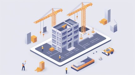 Obraz premium An isometric illustration represents a construction site with workers, cranes, and a building being constructed on a digital tablet, symbolizing technology in architecture
