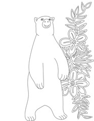 Bear and A Floral Vine Coloring Page. Printable Coloring Worksheet for Adults and Kids. Educational Resources for School and Preschool.