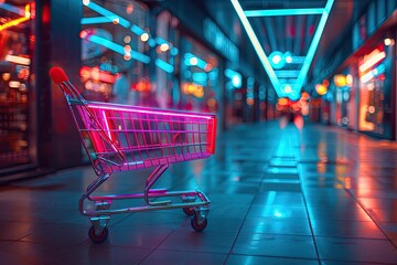A colorful shopping cart with neon lights in a futuristic, illuminated mall aisle, creating a vibrant and modern retail environment.