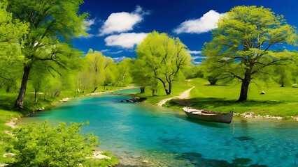 Spring summer landscape blue sky clouds river boat green trees