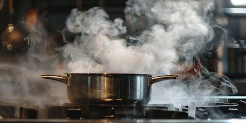 A pot over heat with boiling water and smoke professional chef kitchen cuisine.