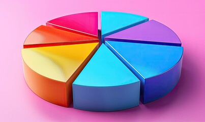 Obraz premium Colorful 3D pie chart on a pink background, representing data visualization, statistics, business analysis, and financial reports.