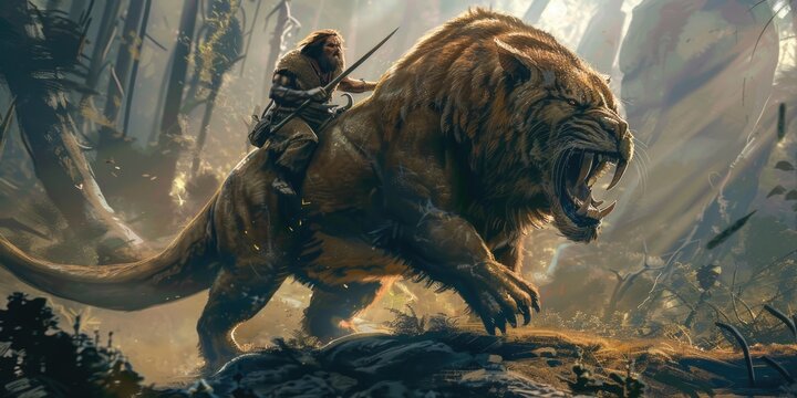 A prehistoric man rides a smilodon