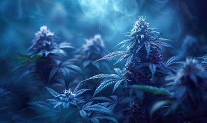 Moody blue-toned photograph of cannabis plants in bloom, creating an ethereal and mystical ambiance.