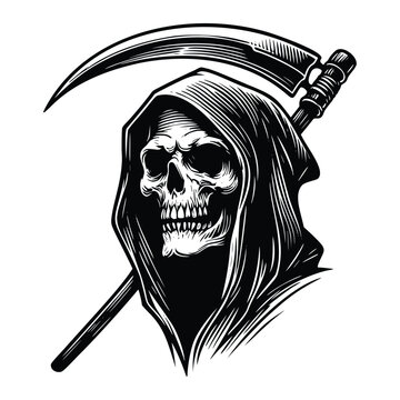 recommend clip art: grim reaper skull holding a scythe. black and white hand drawn grim reaper illustration