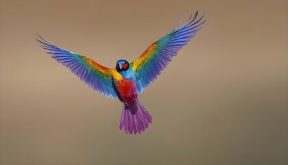 A rainbow colored bird spreading its wings in flig