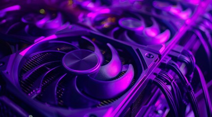 A close up of a computer with purple fans.