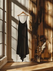 A black dress hanging on a wooden hanger.