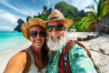 A senior couple is seen enjoying their retirement by traveling to an exotic location