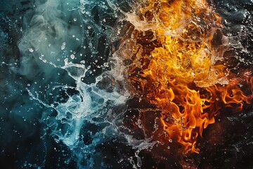 elemental forces fire water earth air power energy clash collision dynamic motion explosive vibrant bold intense abstract conceptual symbolism mythology 