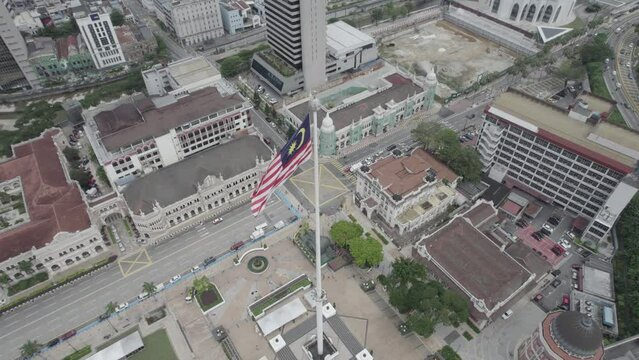 Aerial footage of Merdeka Square (Plaza Dataran Merdeka) on a cloudy day in, Kuala Lumpur, Malaysia
