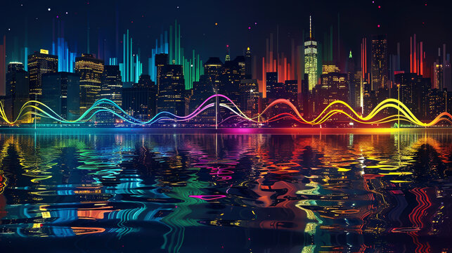 Vibrant sound waves blend with a city's nighttime glow, embodying the fusion of data - Powered by Adobe