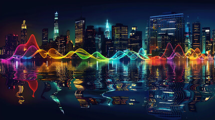 Vibrant sound waves blend with a city's nighttime glow, embodying the fusion of data