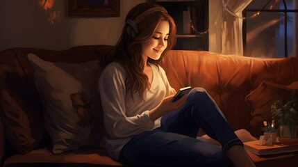 Obraz premium Beautiful woman is sitting on the sofa, holding her phone. Generative AI.