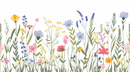 Floral border with spring wild flowers. Botanical ban