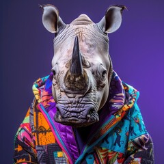 Rhinoceros in colorful jacket, purple background