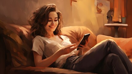 Fototapeta premium Beautiful woman is sitting on the sofa, holding her phone. Generative AI.