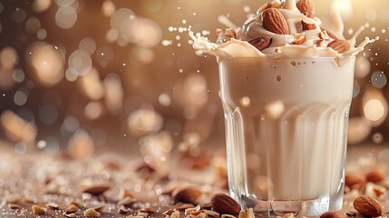 Almonds splashing into a glass of almond milk creamy backdrop with space for text at the bottom