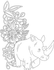 Rhino and A Floral Vine Coloring Page. Printable Coloring Worksheet for Adults and Kids. Educational Resources for School and Preschool.