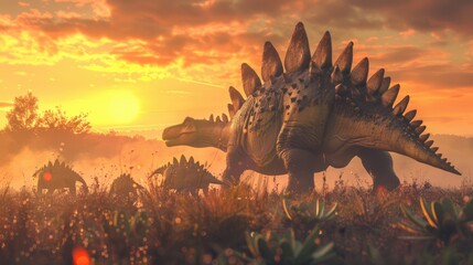 A Stegosaurus family grazing in a meadow at dawn