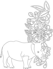 Rhino and A Floral Vine Coloring Page. Printable Coloring Worksheet for Adults and Kids. Educational Resources for School and Preschool.