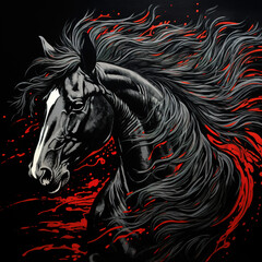 Artistic image of a black horse on black background. Art. Wildlife Animals.