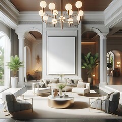 A Room with a mockup poster empty white and with a large chandelier and a large round table realistic image used for printing art has illustrative.