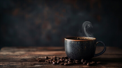 Dark ceramic mug of black flavored hot coffee. The mug stands on a wooden table on a dark background. A beautiful swirling steam. Coffee beans are scattered on the table.