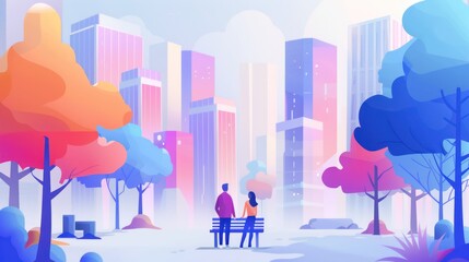 Obraz premium A digital artwork showcasing a couple sitting on a bench in a vibrant city park with whimsical, colorful trees and modern skyscrapers in the background