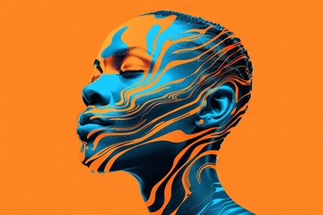 Surreal portrait of a dark-skinned adult with vibrant blue and orange digital art